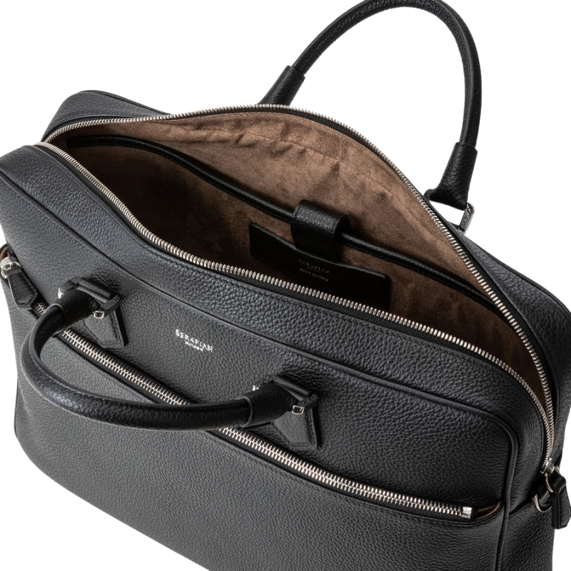 Attaché-case Slim en Cuir Cachemire Noir - Serapian