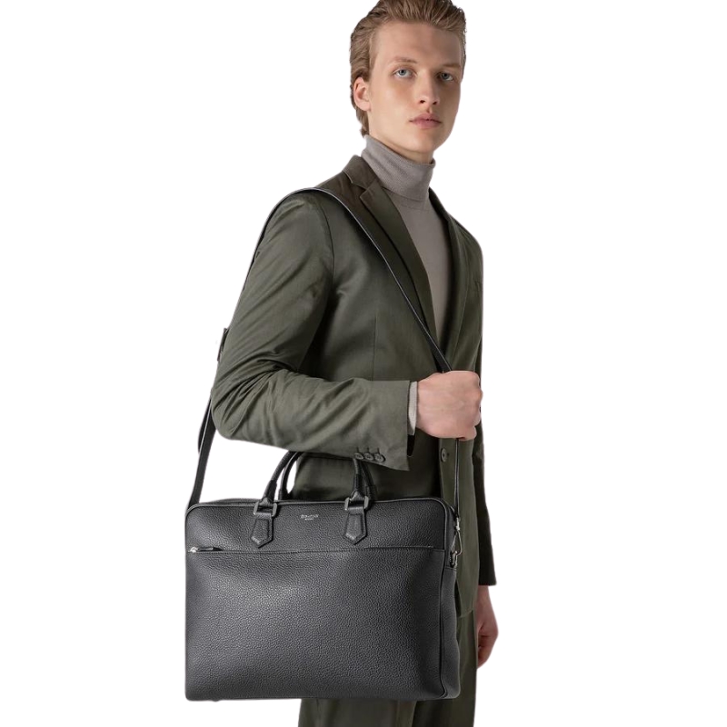 Attaché-case Slim en Cuir Cachemire Noir - Serapian