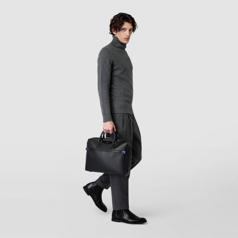 Attaché-Case Slim Stepan Noir et Bleu Hiver - Serapian