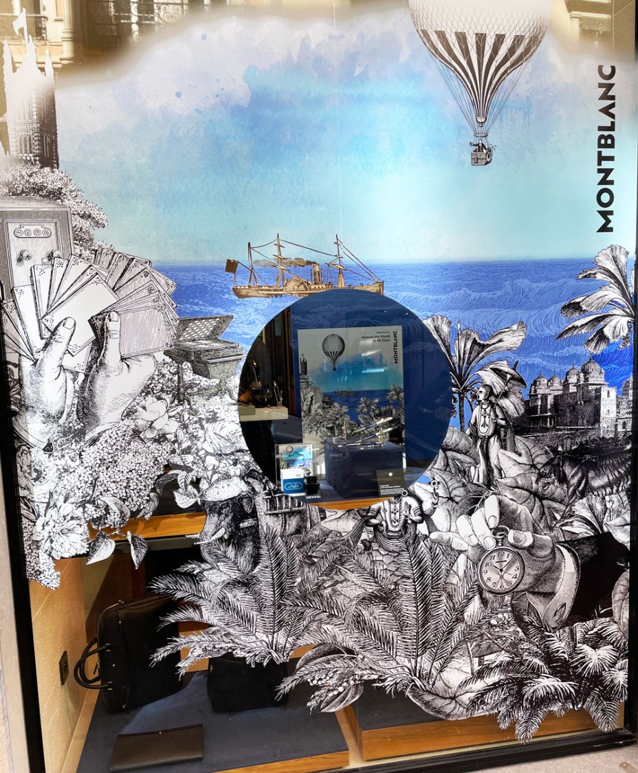 La devanture de la boutique Aux Trois Archers à Lyon pour le lancement de la collection Meisterstück Around The World in 80 Days de Montblanc